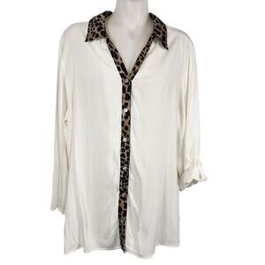 Chico's Womens Shirt Animal Print Button Up Sheer 3/4 Tab Sleeves Rayon White